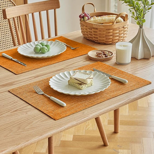 Softalker Faux Linen Placemats Set of 12-12 x 18 Inch, Heat Resistant Double Layered Durable Burlap Farmhouse Place Mats, Non-Slip Washable Rustic Table Mats for Dining, Kitchen, Party（Orange