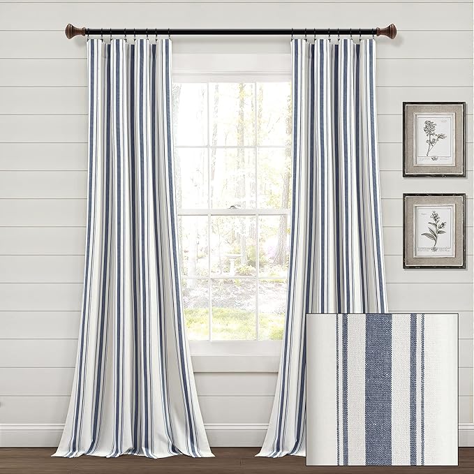 Lush Decor Farmhouse Stripe Yarn Dyed Cotton Window Curtain Panel Pair, 42" W x 84" L, Navy - Classic Modern Rustic Charm - Eco Friendly Cotton Fabric(2 count pack of 1)