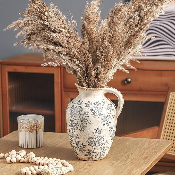 Enra Vintage vase with Handle,Blue and White Ceramic Decorative Flower vase, Chinoiserie Floral Vase,Large Rustic Vases for Home Decors, Living Room, Bookshelf, Office，9.7 inch