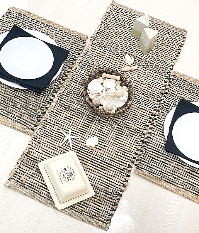 Chardin home Natural Jute Table Runner 13x36 Inch – Vintage Boho Rustic Table Decor – Handwoven Jute Table Runner in Natural and Black Charcoal – Farmhouse Dining or Console Table Accent