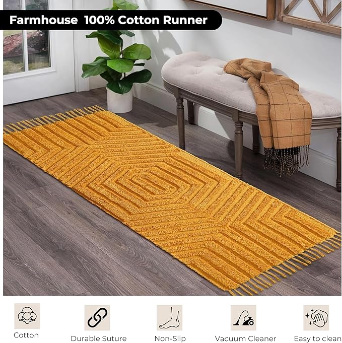 Boho Runner Rug 2x6' Washable Kitchen Rugs with Tassels Indoor Farmhouse Rugs for Bedroom Aesthetic Tufted Rug for Laundry Room Doorway Living Room_Mustard