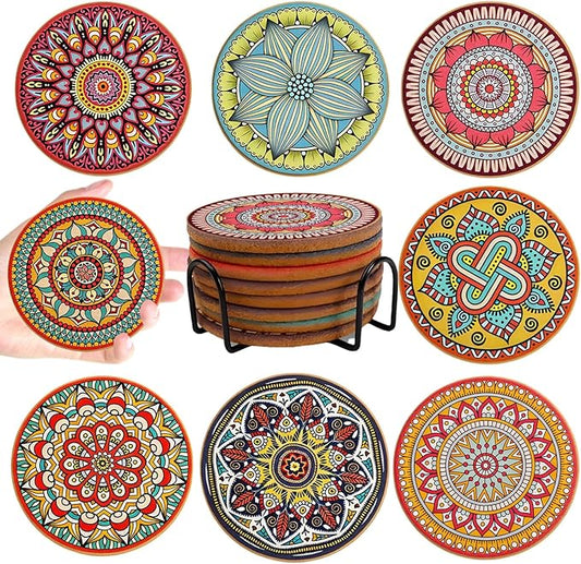 Coasters Set of 8,Cork Coasters for Drinks,Colorful Drink Coaster with Holder,Cute Coaster for Coffee Table,Boho Apartment Home Decor,Boho Gifts for Women