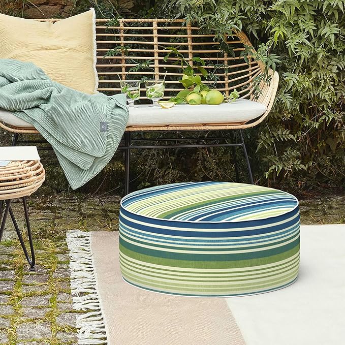 LVTXIII Inflatable Stool Ottoman Footrest with Handle, Decorative Fade-Resistant Foot Stool, Indoor or Outdoor Pouf for Home Garden and Camping Use, D21 x W 21 x H9, Stripe Blue Green