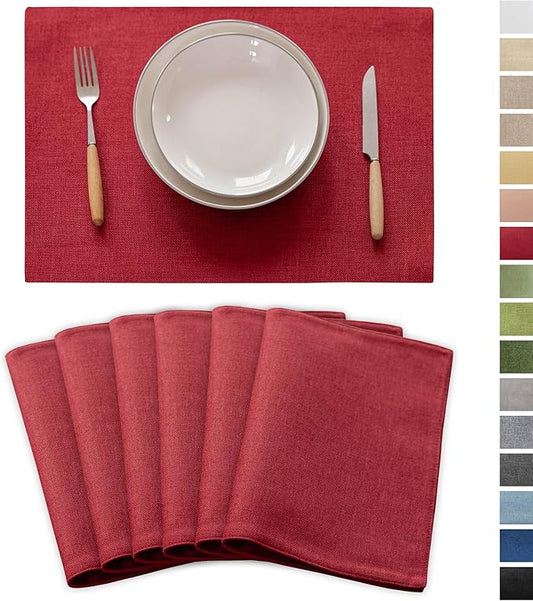 Demetex Placemats Set of 6 Red Linen Wipeable Place Mats Heat Resistant Cloth Placemats for Dining Table Restaurants Holiday, 13 x 19 inches, Wine Red