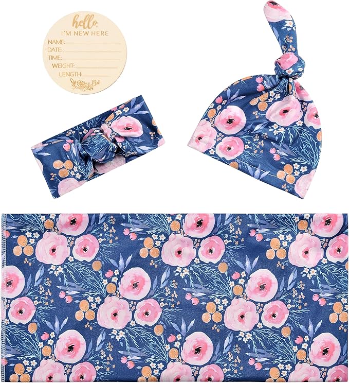 Baby Receiving Blanket Swaddle Blanket Infant Wrap with Matching Headband Beanie and Name Card (Purple)