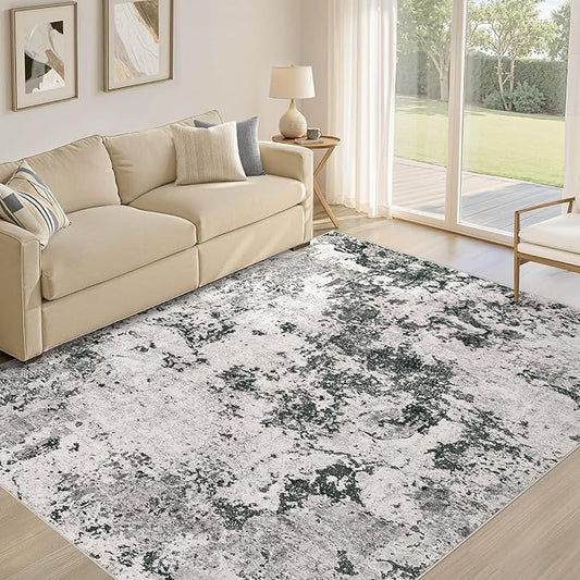 Area Rugs for Living Room: 7x9 Abstract Washable Rug Large Soft Stain Resistant Non-Slip Backing for Bedroom Dining Room Indoor Home Office Carpet for Kids Pet Friendly Families - Dark Grey