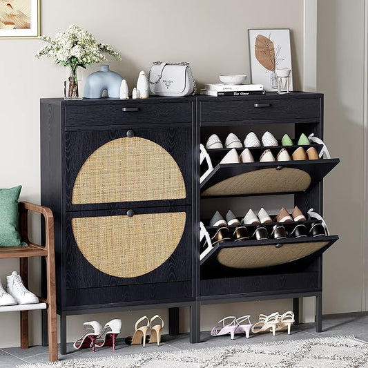 Yechen Shoe Rack Storage Organizer with 2 Natural Semi-Circular Rattan Doors, Entryway Wooden Shoe Cabinet for Sneakers, Leather Shoes,Heels (2 Piece, Black)