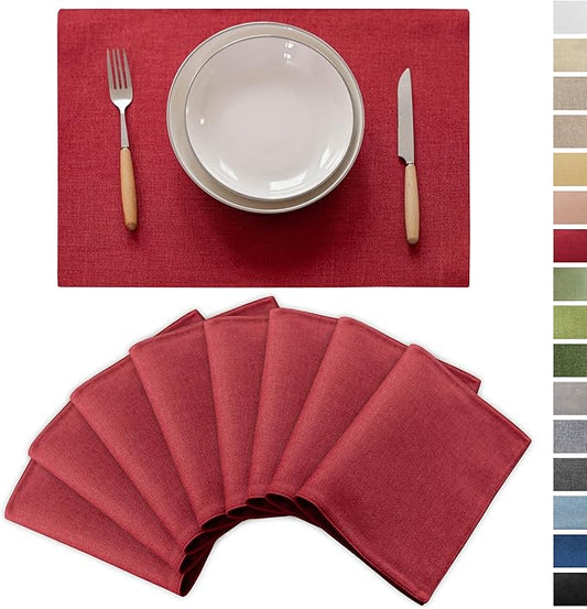 Demetex Red Christmas Place Mats Set of 8 Fade Resistant Linen Placemats Modern Decorative Table Placemat for Holiday Wedding Birthday, 13x19 inch, Wine Red