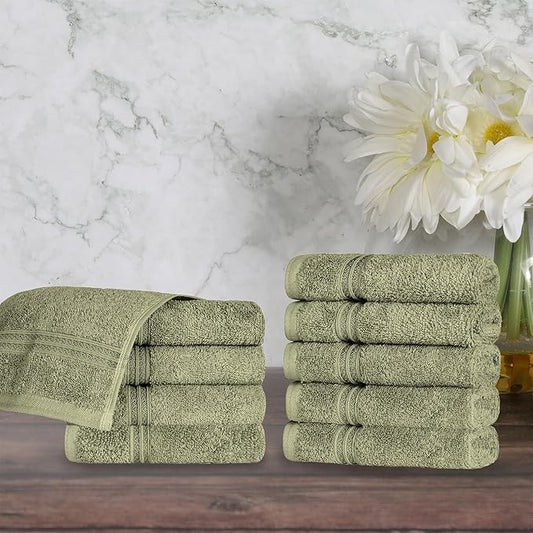Superior Egyptian Cotton Face Towel/Washcloth Set, Small Towels for Home Bathroom, Master, Guest Bath, Decor Essentials, Quick Dry, Absorbent, Spa, Hotel, Resort, Adult, Kids, Set of 10, Forest Green
