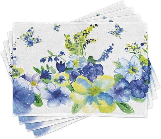 Ambesonne Yellow and Blue Place Mats Set of 8, Spring Flower Watercolor Flourishing Vibrant Blooms Design, Washable Fabric Placemats for Dining Table, Placemat 8 pcs, Royal Blue