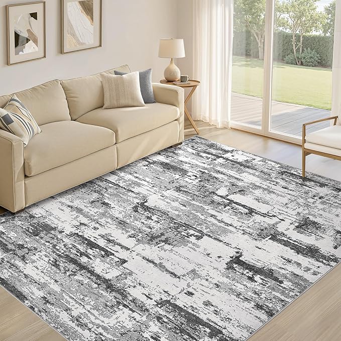 Area Rugs for Living Room: 5x7 Thickened Abstract Washable Rug Modern Neutral Soft Stain Resistant Non-Slip Backing Carpet for Bedroom Dining Room Indoor Home Office - Black Grey
