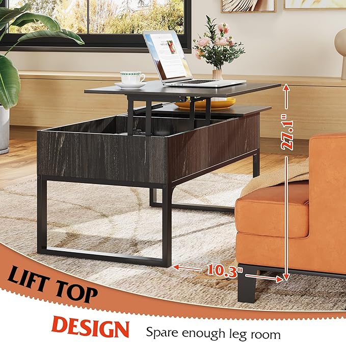 WLIVE Lift Top Coffee Table with Storage, 40.9" Coffee Table with Lifting Top & Sliding Cover, Wood Modern Center Table with 2 Hidden Compartment for Living Room, Charcoal Black