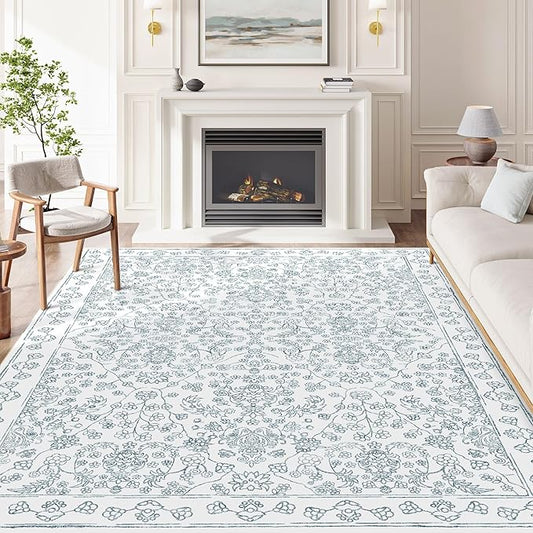 Floral Area Rug 5x7 Washable Blue Carpet Non Slip Large Boho Thin Farmhouse Throw Accent Rug for Living Room Bedroom Office Kitchen Bathroom