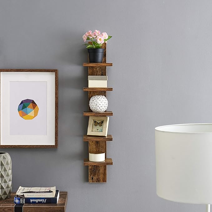 Danya B 5 Tier Wall Shelf Unit Narrow - Vertical Column Ladder Shelf, Floating Storage, Home Decor Organizer, Tall Tower Design, Utility Shelving, Bedroom, Living Room (Pine)