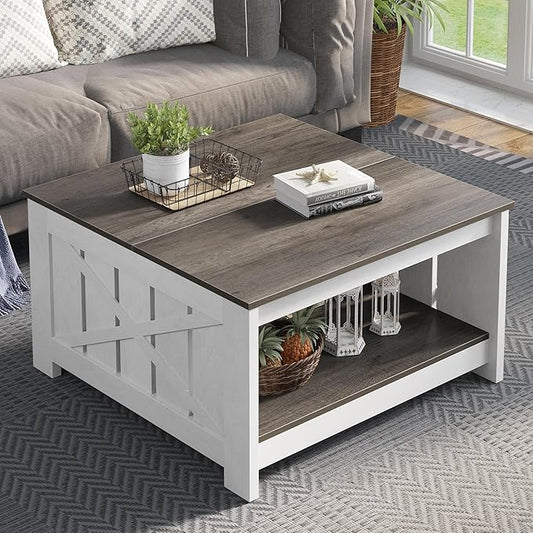YITAHOME Coffee Table Farmhouse Coffee Table with Storage Rustic Wood Cocktail Table, Square Coffee Tables for Living Meeting Room with Half Open Storage Compartment, White and Light Brown