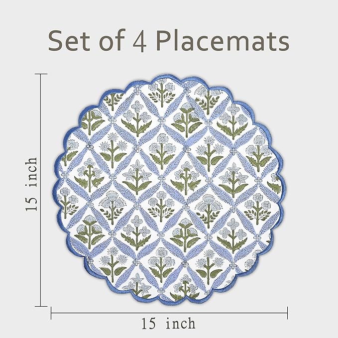 Ridhi Bo-ho Round Place Mat Easter Floral Cotton Washable Placemats 15" Round Embroidery Block Print Table Mat (Pack of 4-15 Inch Round, Light Steel Blue)