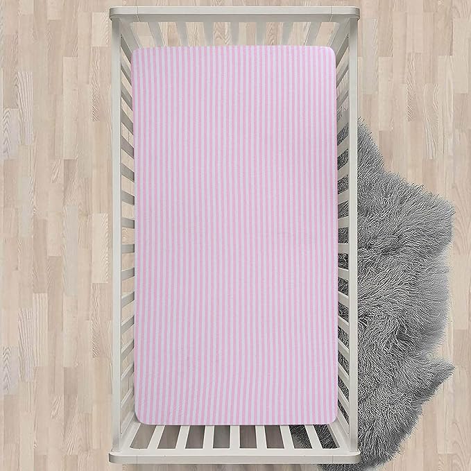 100% Cotton Jersey Knitted Standard Crib Sheets for Boys and Toddler, Soft and Breathable, Crib Sheets Girl Snug Fit, Machine Washable, Multiple Colors (P1, Pink Stripe,28"x52"x9")