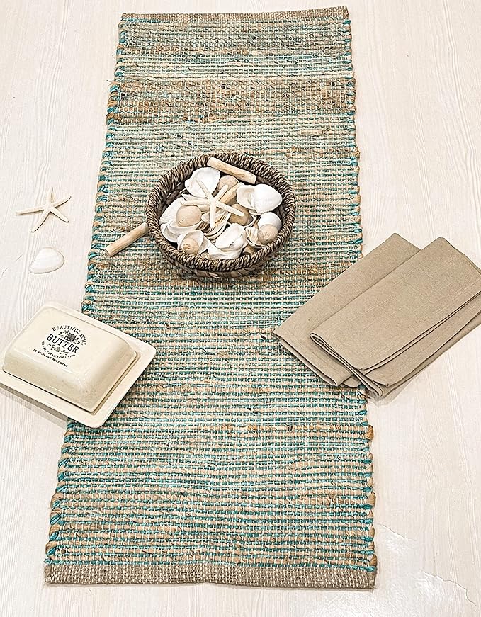 Chardin home | Natural Jute Table Runner | 13x36 Rustic Farmhouse Table Runner | Table Runner Colors - Natural Jute and Aqua Turquoise.
