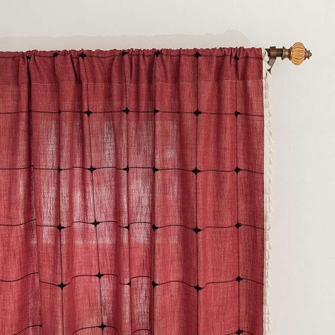 Sutuo Home Boho Curtains for Bedroom 96 Inch Length, Semi Blackout Checkered Linen Farmhouse Vintage Chic Tassels Window Treatment Bohemian Drape for Xmas Decor 1 Panel 52" W x 96" L, Red Plaids