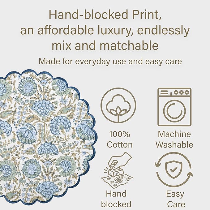 Ridhi Bo-ho Round Place Mat Easter Floral Cotton Washable Placemats 15" Round Embroidery Block Print Table Mat (Pack of 4-15 Inch Round, Asparagus Green)