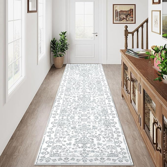 Floral Runner Rug 2x8 Hallway Washable Blue Kitchen Carpet Non Slip Boho Thin Farmhouse Throw Accent Long Rug for Laundry Bathroom Office Bedroom