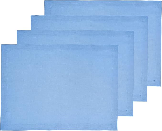 Solino Home Linen Placemats Set of 4 - Provence Blue Placemats 14 x 19 Inch - 100% Pure Linen Table Place Mats for Summer - Fete