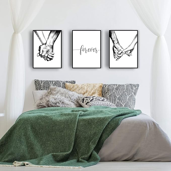 Hands Forever Framed Canvas Wall Art For Bedroom Ready To Hang 12"x16" x3 Panels, Black Frame Prints for Couples Love Drawing Artwork Wall Pictures for Bedroom Decor, House Decorations Living Room