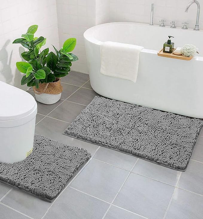LuxUrux Soft Chenille Area Rug Set, 2 Piece Sets, U-Shape Contoured Toilet Base Mat & 31x20 Mat, Absorbent Washable Mats, Microfiber Dries Quickly, Bath Rugs for Tub, Light Grey.