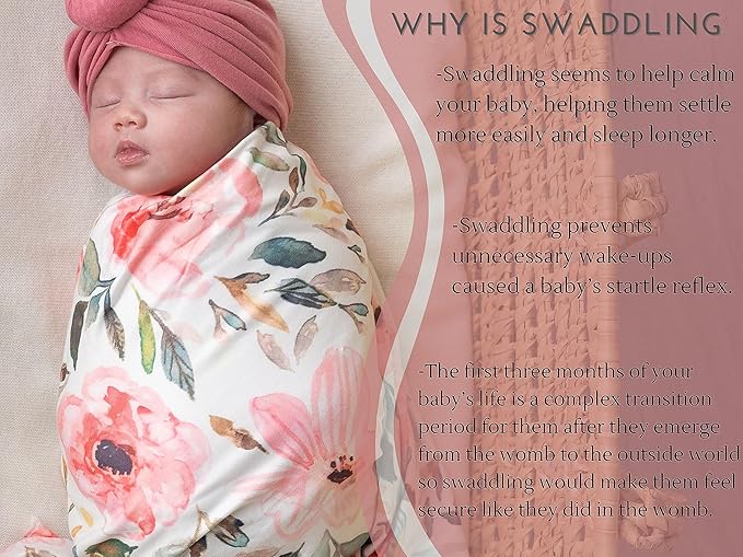 Baby Receiving Blanket Swaddle Blanket Newborn Wrap Swaddle Headband Set -Bloom Flower Pattern (Pink 1)