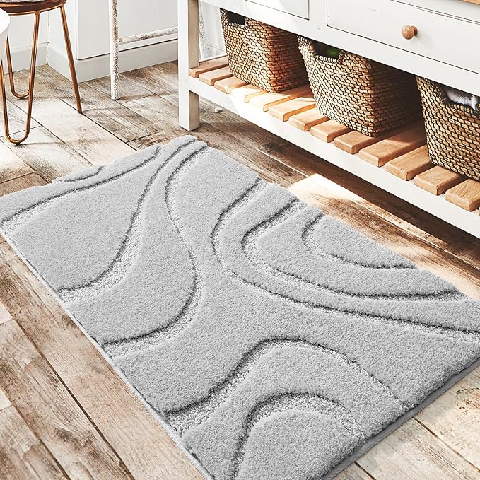 DEXDE Bathroom Rugs Mat,Soft Plush Shaggy Microfiber Bath Rug Non Slip Bath Mats for Bathroom Floor,Machine Washable Absorbent Carpet for Shower Tub,Grey Silver 24"x36"