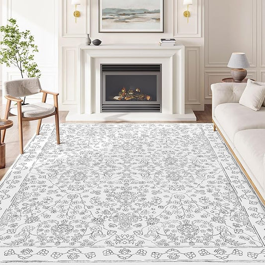 Floral Area Rug 5x7 Washable Grey Carpet Non Slip Large Boho Thin Farmhouse Throw Accent Rug for Living Room Bedroom Office Kitchen Bathroom