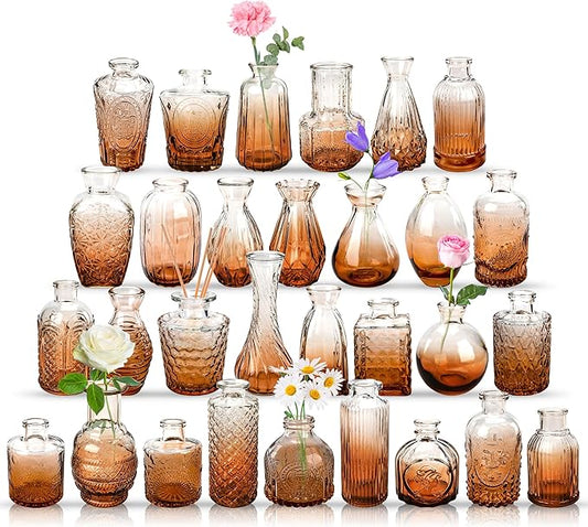 Der Rose Bud Vases in Bulk Glass Vase for Centerpieces Set of 30 Small Flower Vases Mini Vintage Vases for Rustic Wedding, Home Table Decorations (Amber)