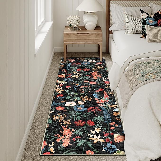 Floral Runner Rug 2x6 Washable Hallway Long Black Bedroom Carpet Non Slip Indoor Boho Kitchen Low Pile Accent Rug Lightweight Soft for Bathroom Dining Laundry Living Room