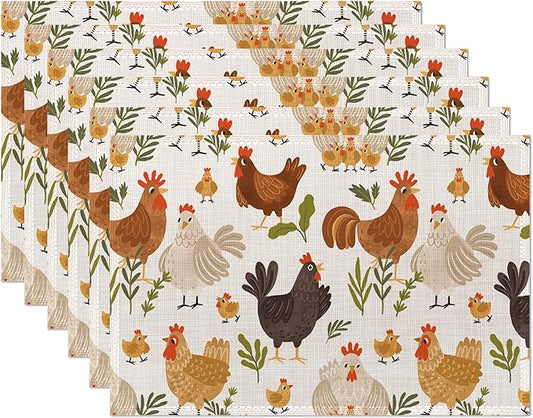 Cute Roosters Chickens Hen Placemats Set of 6, Waterproof Non-Slip Washable Table Mats Set for Kitchen Dining Holiday Party Wedding Decor 12x18 Inch
