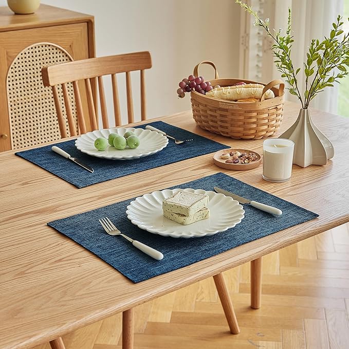 Softalker Faux Linen Placemats Set of 8-12 x 18 Inch, Heat Resistant Double Layered Durable Burlap Farmhouse Place Mats, Non-Slip Washable Rustic Table Mats for Dining, Kitchen, Party（Navy Blue