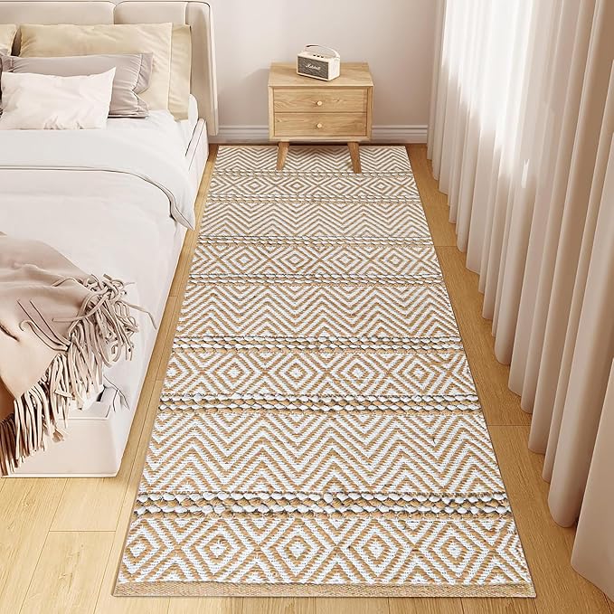 Bedding Craft Jute Cotton Stripe Area Rug Runner for Living Room 24x72 Inch - Natural Ivory - Machine Washable 2x6 Feet Rugs - 70% Jute and 30% Cotton