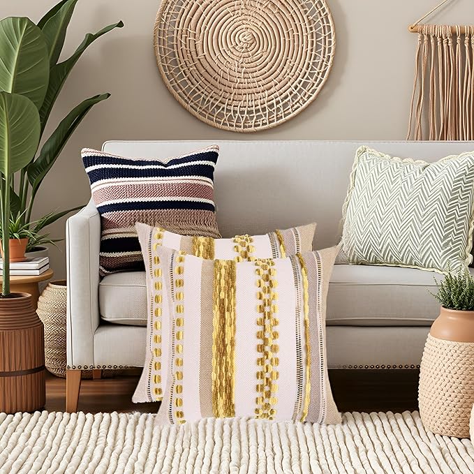 Tosleo Decorative Throw Pillow Covers 18x18 Set of 2 Boho Chenille Tufted Pillow Cover Textured Pillow Covers Striped Pillowcases Accent Pillow Cases Farmhouse Cushion Case for Sofa Couch,Yellow