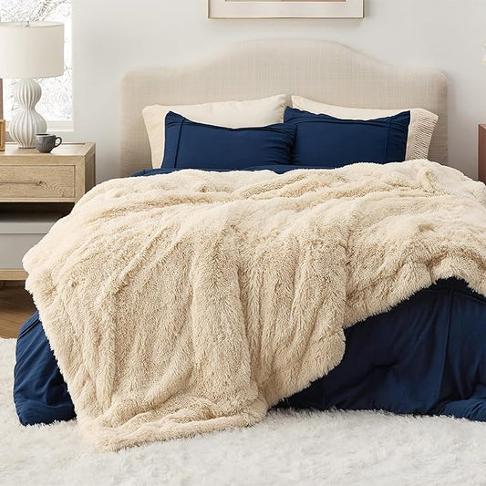 Bedsure Fluffy Beige Blankets Queen Size for Bed, Thick Sherpa Faux Fur Fleece Fuzzy Plush Winter Warm Heavy Soft Full Queen Blankets, Bedroom Decor Beige Gifts Cozy Gifts for Women Men, 90x90