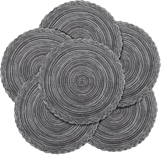 fanquare Round Placemats Set of 6, Gray Braided Placemats 15 Inch Round Woven Placemats Dining Table Mats Cotton Polyester Place Mats for Wedding Party