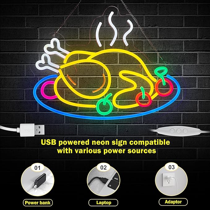 Grilled Chicken Neon Sign for Wall Décor Dimmable Roast Chicken Shop LED Light USB Powered Flame Neon Art Signs Decor