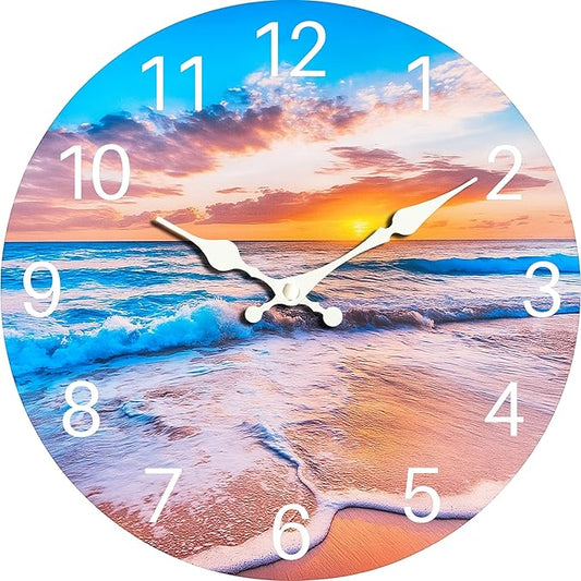 Sea Beach Blue Sky Sand 16 Inch Wooden Large Wall Clock - Silent Non-Ticking Battery Operated Decorative Clock for Kitchen, Home, Bedroom, and Office
