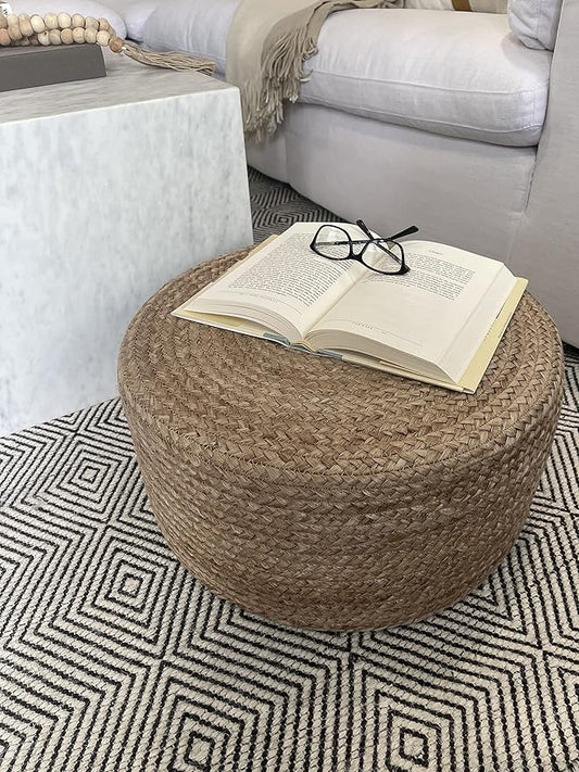 Scandilivin Homes Pouf Ottoman - 100% Natural Jute Braided- Footrest Pouf Hand Knitted - Traditional Cord Boho Pouffe - for The Living Room, Bedroom, Nursery, Patio, Lounge (20" x 20" x 10")