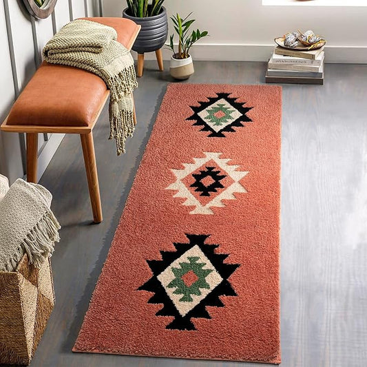 DEXDE Boho Bathroom Rugs Runner 20x72 Long Bath Mat Runner for Bathroom Bedroom Hallway Kitchen Shower Luxury Soft Absorbent Large Bohemian Carpet Runner Farmhouse Western Decor, Coral Red