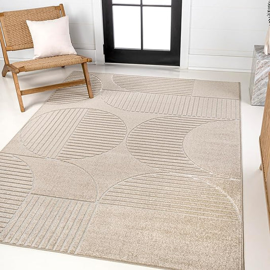 JONATHAN Y SCN104E-8 Nordby High-Low Geometric Arch Scandi Striped Beige/Cream 8 ft. x 10 ft. Indoor/Outdoor Area Rug for Patio, Backyard, Living Room, Bedroom, Office, Hose-Washable