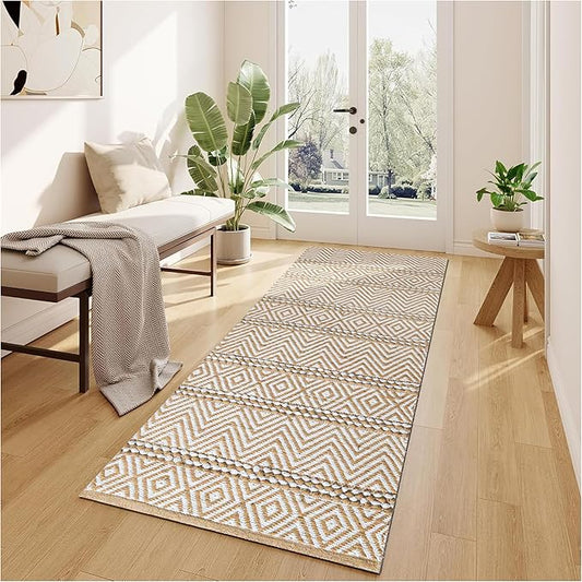 Bedding Craft Jute Cotton Stripe Area Rug Runner for Living Room 24x72 Inch - Natural Ivory - Machine Washable 2x6 Feet Rugs - 70% Jute and 30% Cotton