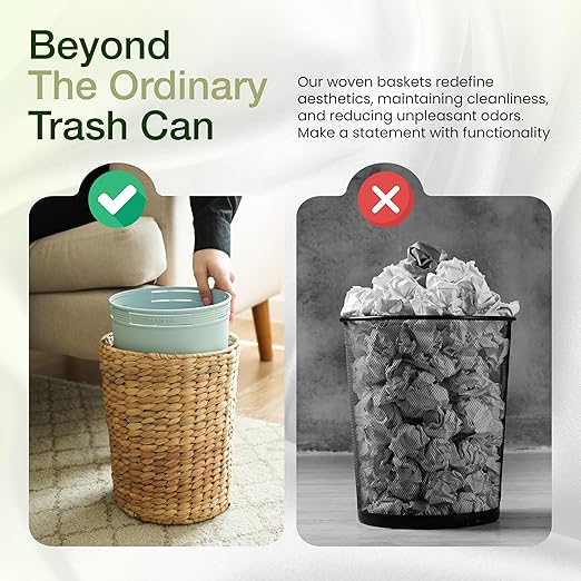 1.3 Gallons Wicker Waste Basket - Water Hyacinth Bathroom Garbage Can - Trash Can with Lid Boho Style - Wicker Trash Can with Lid for Household, Kitchen, Bedroom - Removable Liner, Iron Frame
