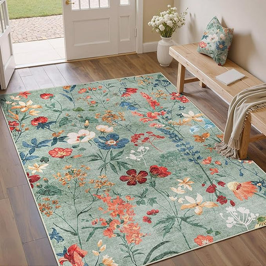 Green Area Rug 4x6 Office Floral Indoor Door Mat Washable Boho Kitchen Living Room Carpet Non Slip Bedroom Low Pile Lightweight Throw Rug for Dining Room Farmhouse