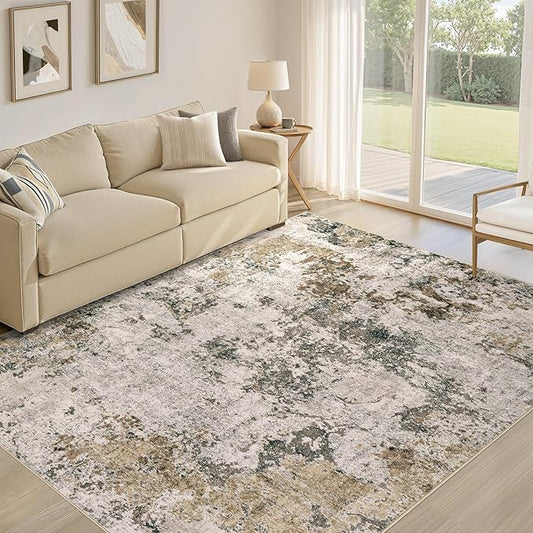 Area Rugs for Living Room: 6x9 Abstract Washable Rug Large Soft Stain Resistant Non-Slip Backing for Bedroom Dining Room Indoor Home Office Carpet for Kids Pet Friendly Families - Dark Brown