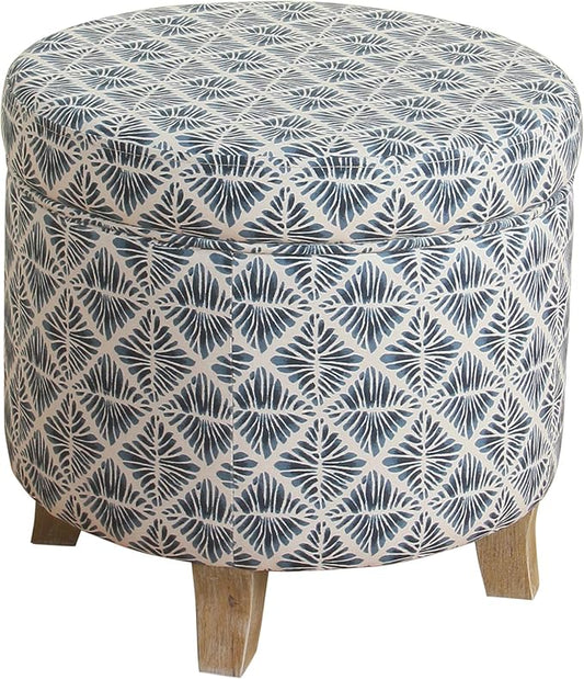 Homepop Home Decor | Upholstered Round Storage Ottoman | Ottoman with Storage for Living Room & Bedroom with Flared Legs, Navy Blue Geometric Pattern Large
