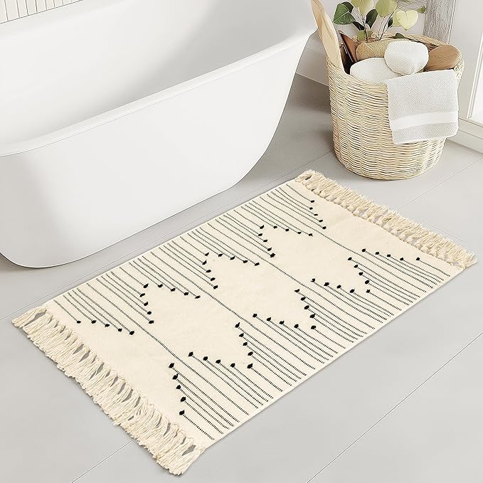 Tritard Boho Bathroom Rug 2x3 - Washable Woven Cotton Throw Rugs with Tassel, Small Aztec Kitchen Area Rug Farmhouse Entryway Bath Door Mat Indoor for Bedroom, Doorway, Laundry, Beige Cream
